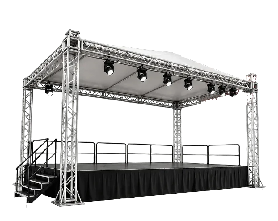 Palco montado com estrutura, carpete e saia