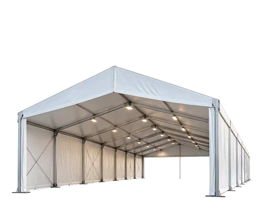Tenda galpão: Vão livre e pé-direito alto.