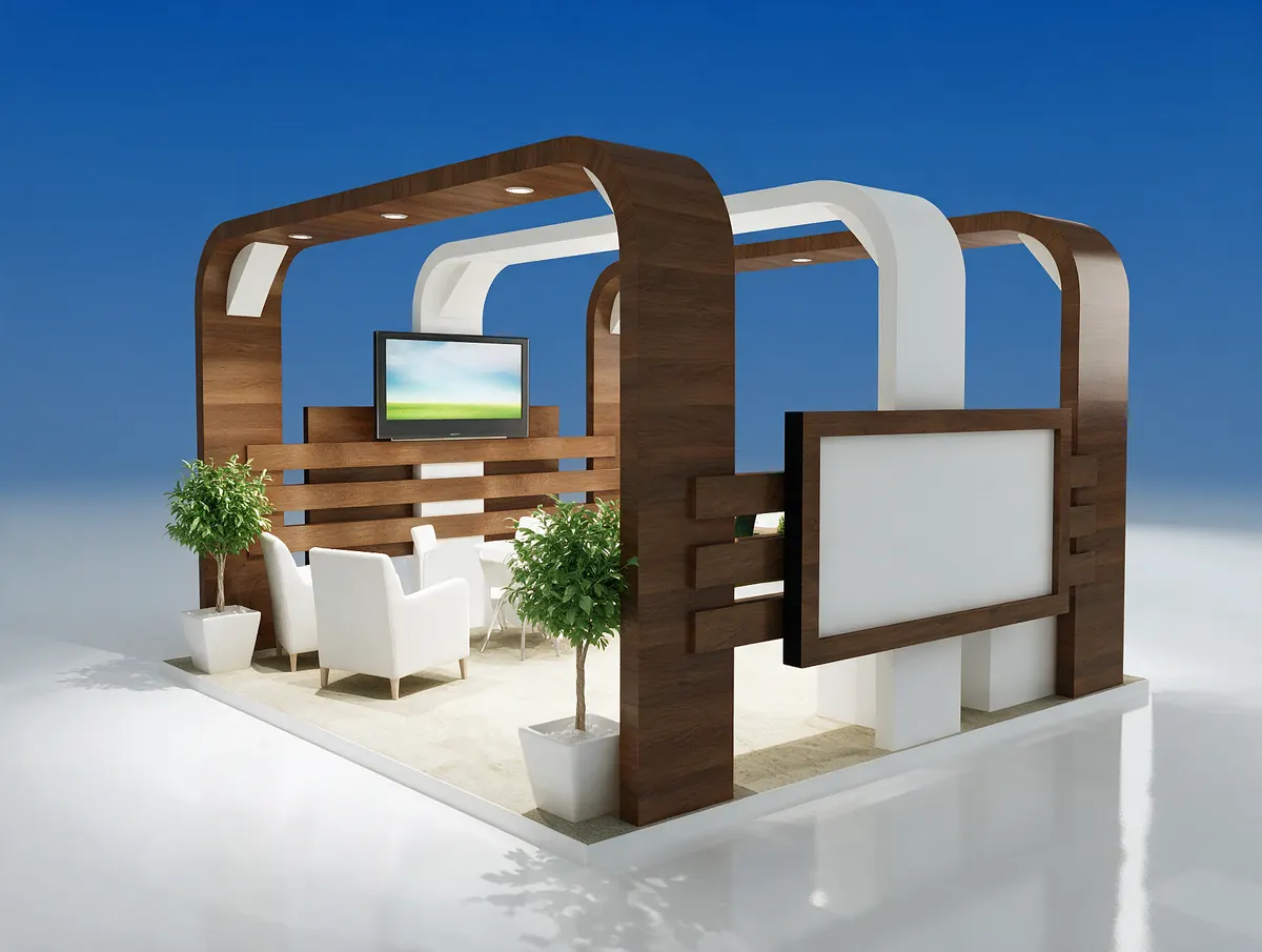 Projeto de stand construído com arcos em madeira